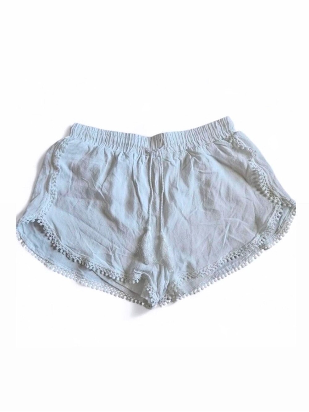 Womens White Lace Dolphin Pompom Trim Lounge Boho Beach shorts w/ tassels - S/M